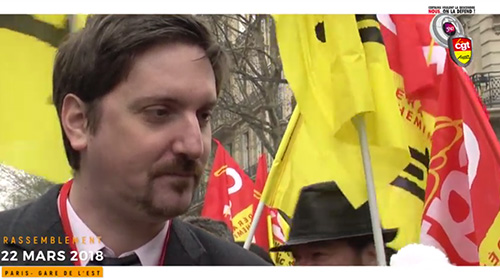 Laurent BRUN, secrétaire général de la fédération CGT des cheminots lors de la manifestation nationale du 22 mars 2018 à Paris.